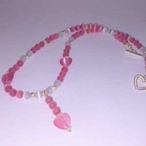 Valentine Pink and White Heart Necklace with Banded Agate Beads Handmade 17.5IN